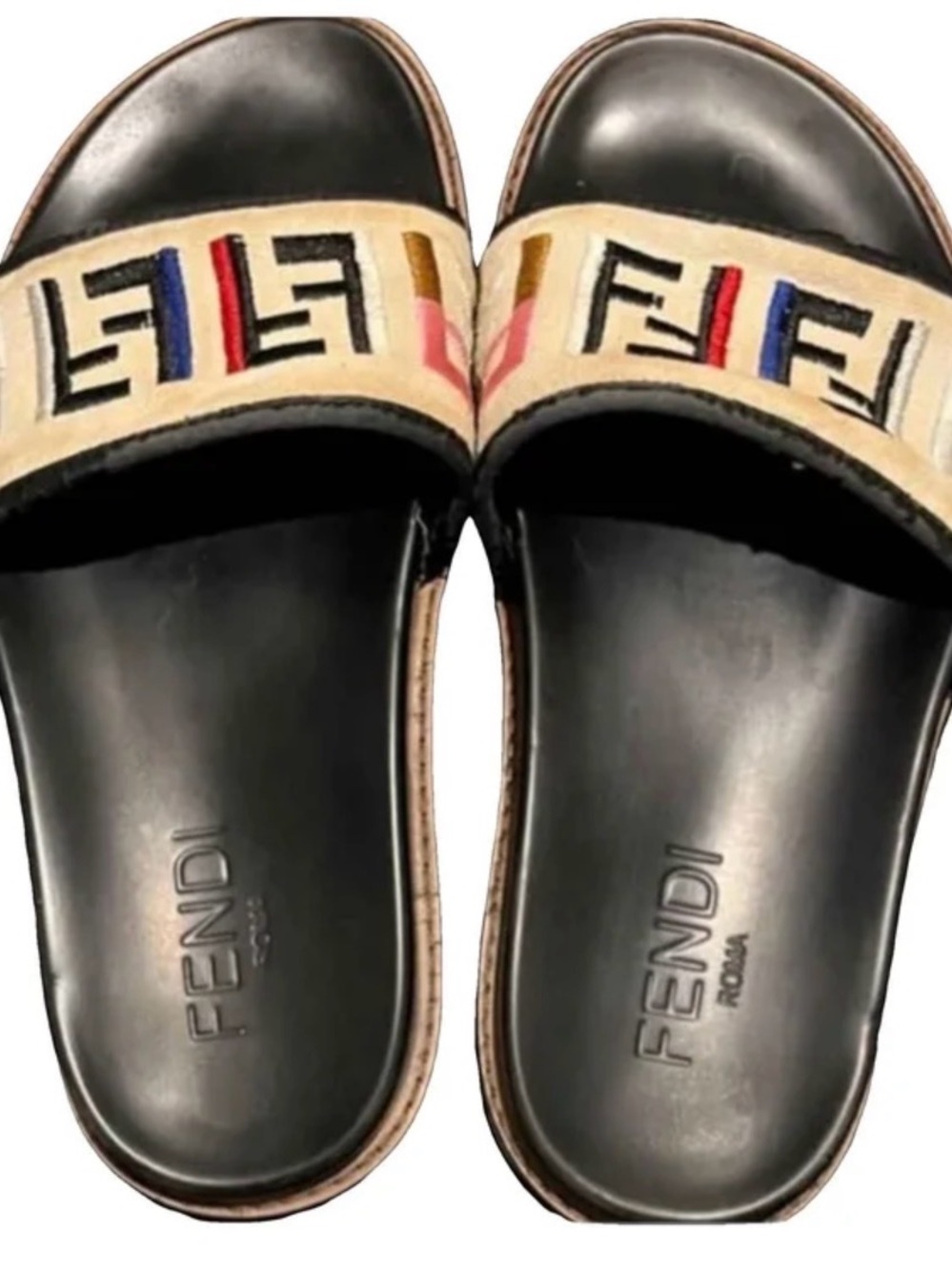 Fendi Black Leather & Canvas Logo Slide Sandals Wm Size 9